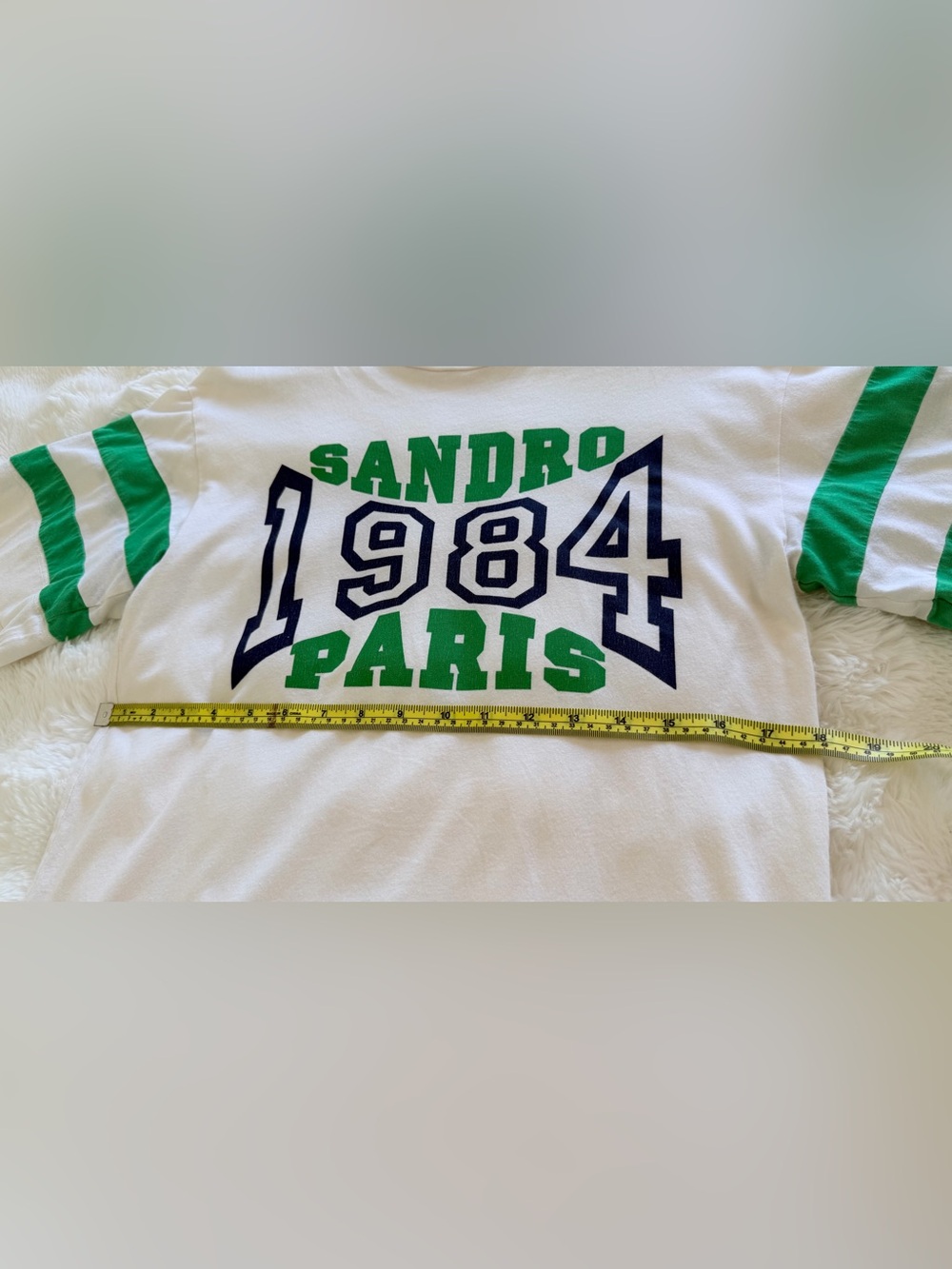 Sandro Cream Short Sleeve Tee with Green & Blue 1984 Graphic - Picture 11 of 15